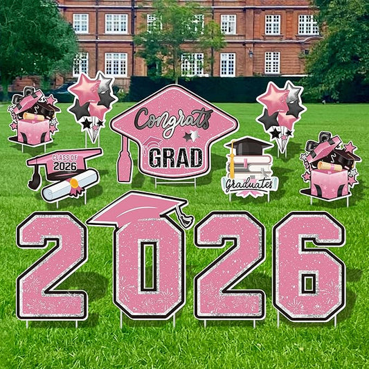 Large 11 PCS Graduation Yard Signs, Class of 2026 Congrats Grad Outdoor Lawn Yard Sign with Stakes, Graduate Yard Decorations for College High School Party, Pink