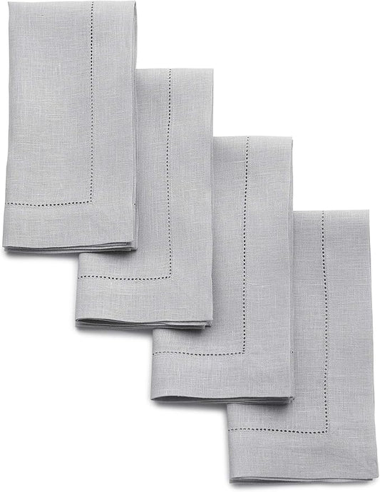 Solino Home Linen Napkins Set of 4 - Classic Hemstitch 100% Pure Linen Soft Grey Dinner Napkins Cloth 20 x 20 Inch for Winter, Spring, Easter - Handcrafted and Machine Washable