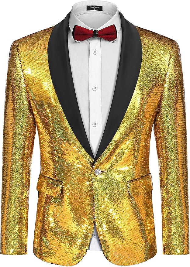 COOFANDY Mens Shiny Sequin Blazer Tuxedo Party Dinner Prom One Button Suit Jacket