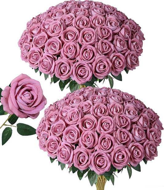 50 PCS Dusty Roses Artificial Flowers, Fake Roses with Stem Realistic Silk Roses for DIY Wedding Bouquets Tables Centerpieces Arrangements Baby Shower Birthday Home Decor Valentine's Day Gift for Her