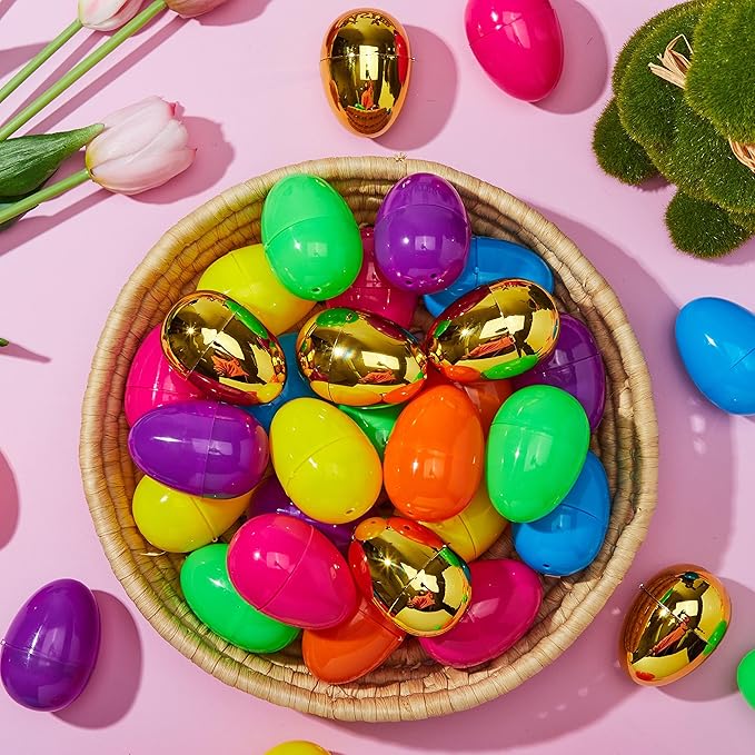 JOYIN 500PCS Plastic Easter Eggs, Empty 2.3" 494PCS Colorful with 6PCS Golden Eggs Bulk Fillable for Easter Hunt Party Favor Basket Stuffers Filler Classroom Prize Supplies Decor