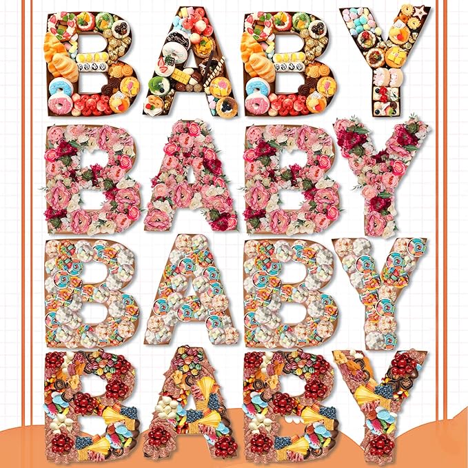 Mifoci 4 Pcs Large Baby Shower Food Trays 13.7" Charcuterie Cardboard Letter Shaped Serving Platter Fillable Boxes for Gender Reveal Baby Shower Party Paper Chocolate Candy Decoration(Brown)