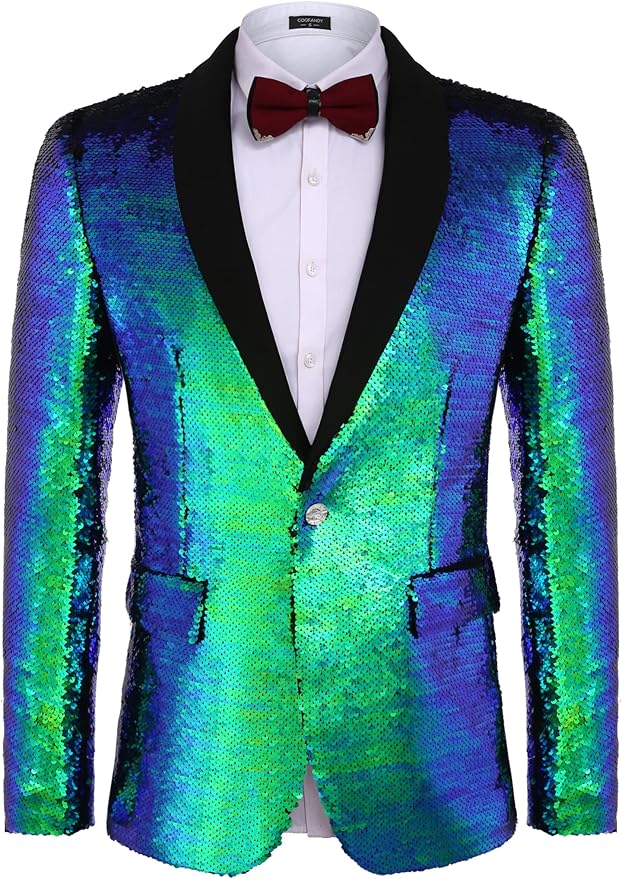 COOFANDY Mens Shiny Sequin Blazer Tuxedo Party Dinner Prom One Button Suit Jacket