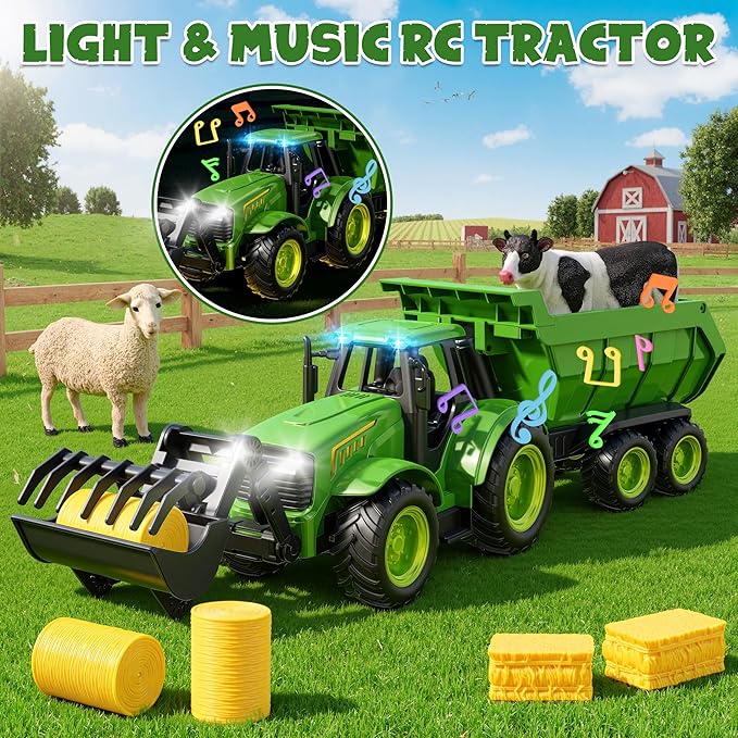 Funwee RC Farm Tractor Toy w/Light & Music, Kid Truck Toy w/Front Loader & Farm Animal, 2.4GHz RC Tractor Trailer Car Vehicle Toy for Boy Girl Age 3 4 5 6 7+ Year Old Christmas Birthday Gift (Green)