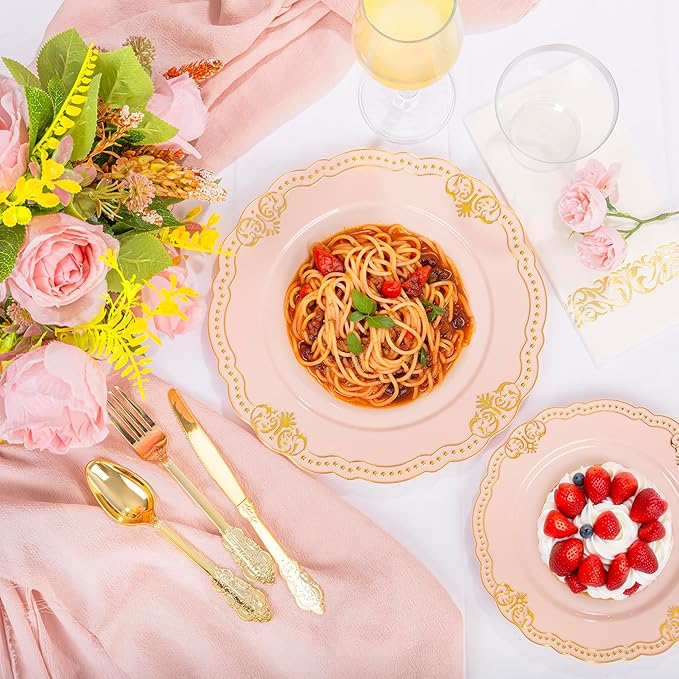 Ciaell 175 PCS Pink and Gold Plastic Plates - Fancy Gold Disposable Dinnerware Set with of 50 Plates, 25 Knives, 25 Forks, 25 Spoons, 25 Cups, 25 Napkins for Party & Weddings & Valentine's Day