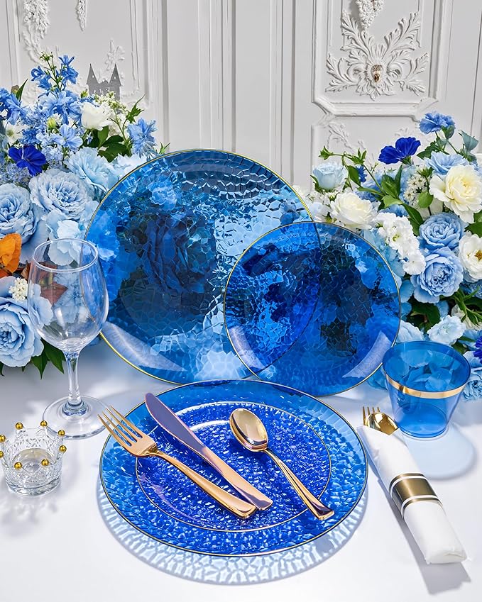 Hioasis 175pcs Blue Gold Plastic Plates - Blue Plastic Dinnerware Set Includes 25 Dinner Plate, 25 Dessert Plate, 25 Cups, 25 Napkins Perfect for Christmas & Party