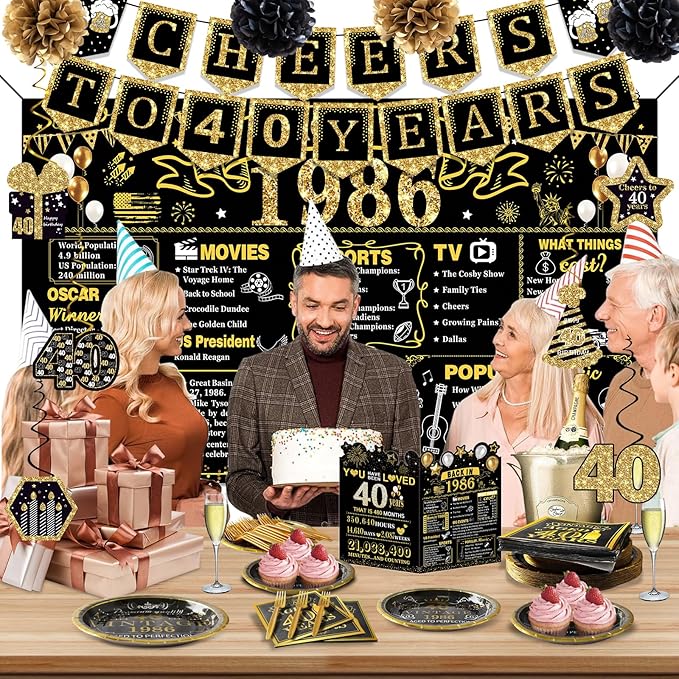 40th Birthday Decorations for Men Women, 106 PCS Back in 1986 Decorations, Vintage 40th Birthday Party Tableware Set for men,Backdrops,Card, Banner, Paper Poms,Hanging Swirl, Tableware for 24 Guests