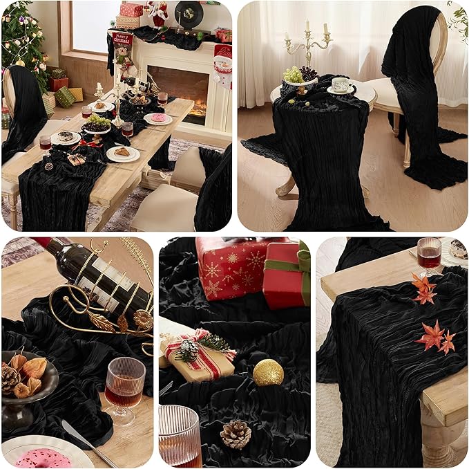 12 Pack Cheesecloth Table Runner 120 Inch Boho Rustic Gauze 10 FT Black Cheese Cloths Table Runners Decorations for Halloween Birthday Party Baby Shower Wedding Holiday Home Decor