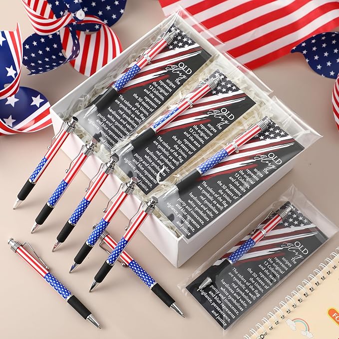 200 Sets American Flag Ballpoint Pens Bulk USA Patriotic Themed Black Ink Retractable Pen Stars Stripes Bookmarks Stationery Valentines Party Gifts for Home Office Army Veterans Souvenirs