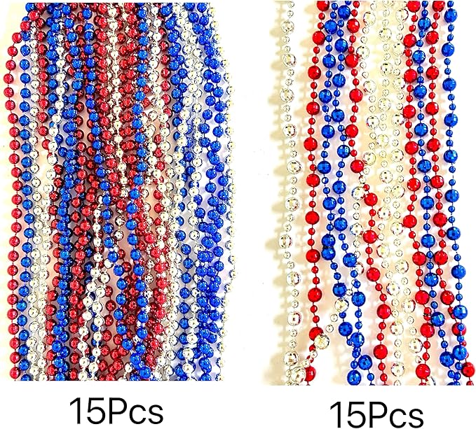 102 Pcs 4th of July Beads Necklaces Independence Day Red Blue Silver Bead Necklaces Party Favors Fourth of July Patriotic Parade Beads Party Celebration Favors Decorations