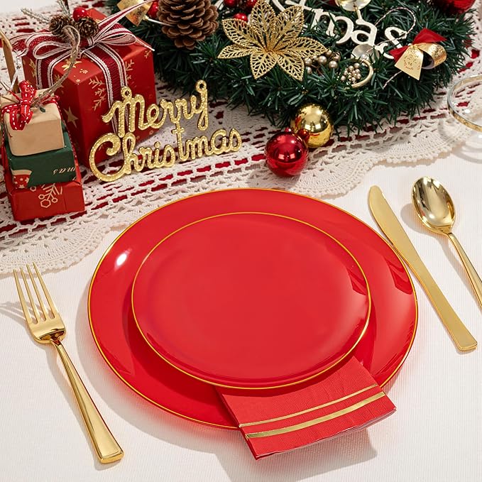 NOCCUR 350PCS Red Plastic Plates - Disposable Red Gold Dinnerware Set for 50 Guests, 100 Dinner/Dessert Plates, 150 Gold Silverware, 50 Cups&50 Napkins for Party/Wedding/Valentines Day