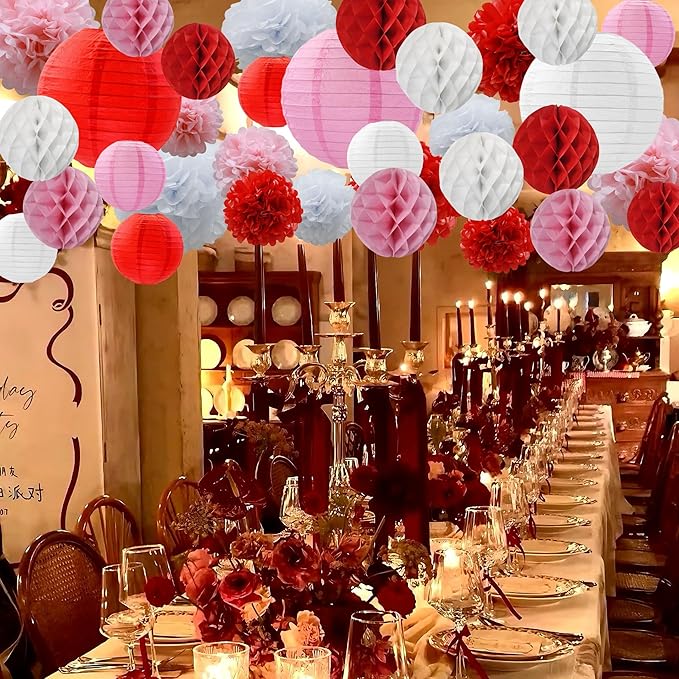 WOLHOWLTD Red Pink Paper Decoration Set - 33 Pcs Paper Lanterns, Pompoms, Honeycomb for Love Wedding,Valentine's,School Day,Bridal Shower,Birthday Party,Home Garden Decoration(red Pink White)