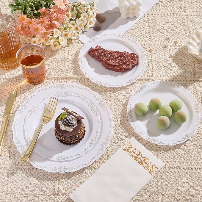 350 PCS White and Gold Disposable Plates, Elegant Dinnerware Set for 50 Guests, 100 Plastic Plates, 150 Silverware, 50 Cups & 50 Paper Napkins, White and Gold