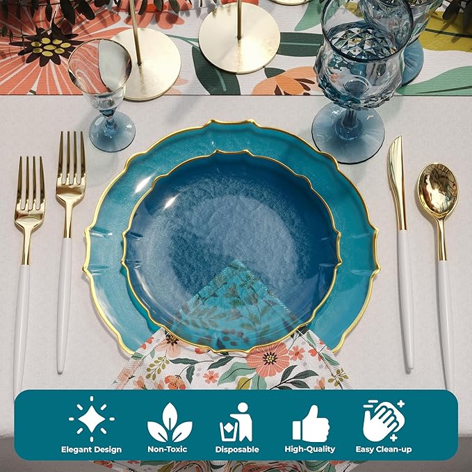 Exquisite Tinted Plates 80-Piece Plastic Disposable Party Set for 40 Guests - 40 X 7.5 Dessert Plates & 40 X 10 Thin Delicate Fancy Dinnerware with Peacock Gold Rim