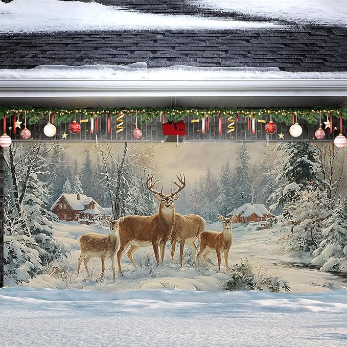 Christmas Garage Door Banner 7x16FT, Winter Reindeer Family Garage Door Cover, Large Outdoor Xmas Decoration for Garage Doors, Garden Fence & Holiday Parties