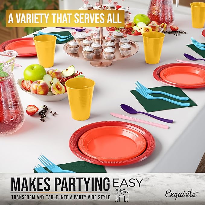 Exquisite 350 Pcs Rainbow Plastic Plates For Party, Rainbow Disposable Plates Set, 50 Of Each 9" Dinner Plate Set, 7" Dessert Plate, Cups, Napkins & Cutlery Plastic Dinnerware