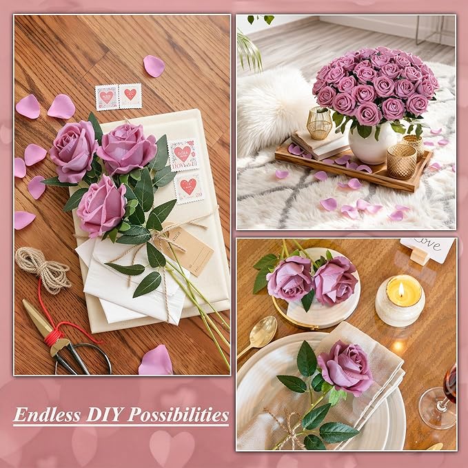 50 PCS Dusty Roses Artificial Flowers, Fake Roses with Stem Realistic Silk Roses for DIY Wedding Bouquets Tables Centerpieces Arrangements Baby Shower Birthday Home Decor Valentine's Day Gift for Her