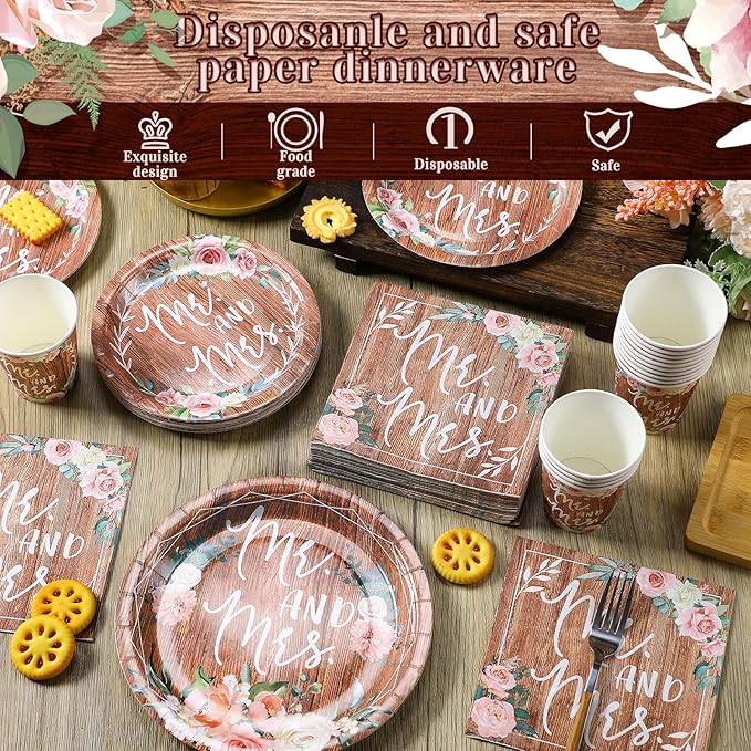 Zhehao 250 Pcs Retro Bridal Shower Plates Napkins Sets 50 Pcs 9'' Dinner Plates and 7'' Dessert Plate and 9oz Cups 100 Napkins Serves 50 Party Supplies Bridal Shower Engagement Decoration