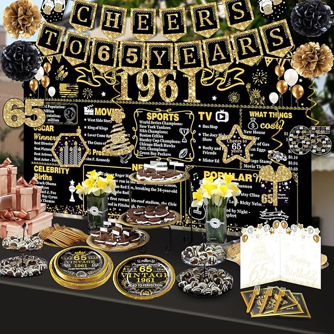 65th Birthday Decorations for Men Women, 106 PCS Back in 1961 Decorations, Vintage 65th Birthday Party Tableware Set for men,Backdrops,Card, Banner, Paper Poms,Hanging Swirl, Tableware for 24 Guests