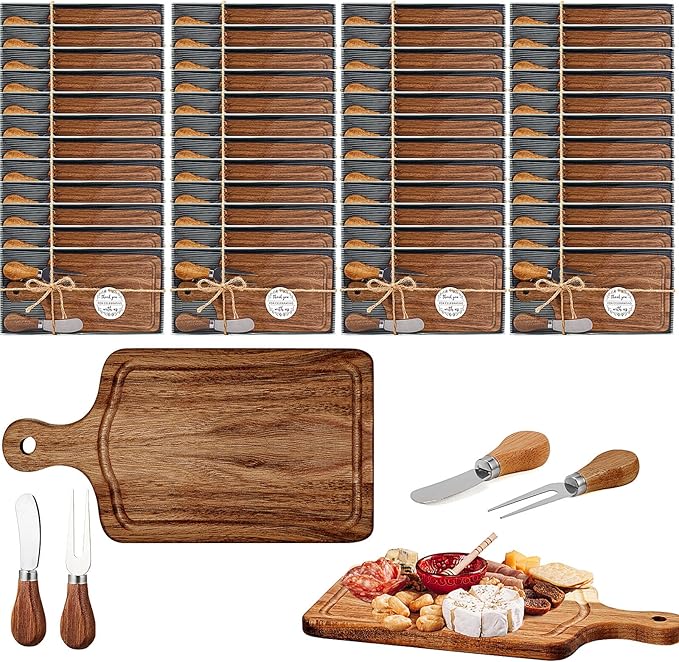 60 Sets Bridal Baby Shower Cheese Prizes Wooden Square Board Gift Set Knives Forks Thank You Tags with Box for Guests for Valentines Bridal Baby Shower Housewarming (Acacia Wood)
