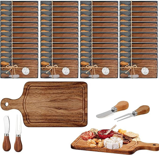 60 Sets Bridal Baby Shower Cheese Prizes Wooden Square Board Gift Set Knives Forks Thank You Tags with Box for Guests for Valentines Bridal Baby Shower Housewarming (Acacia Wood)