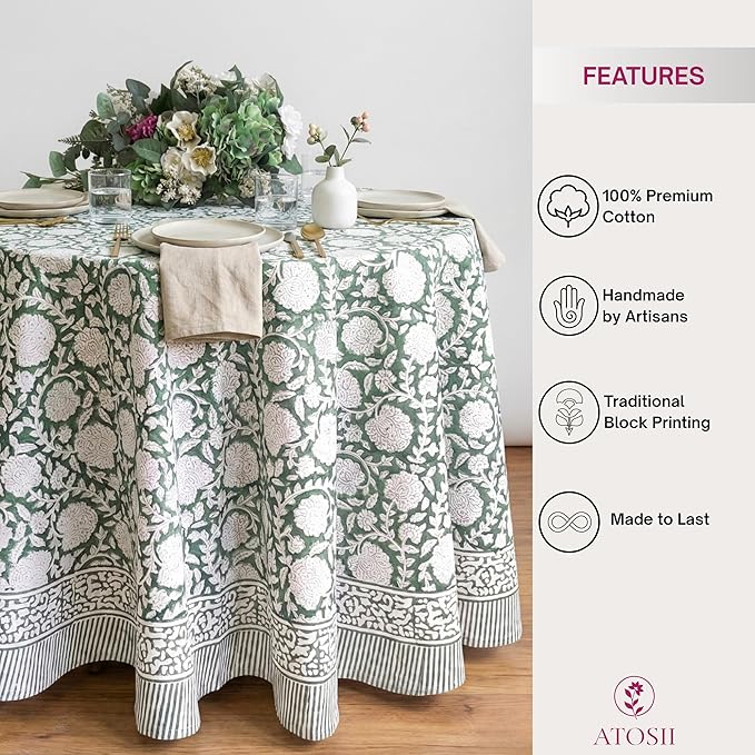 ATOSII Shalimar Green 100% Cotton Round Boho Fall Tablecloth, Handblock Floral Table Cloth Linen for Kitchen Dining I Parties Wedding Outdoors Christmas Thanksgiving I Fall Home Decor 72" Inches Round