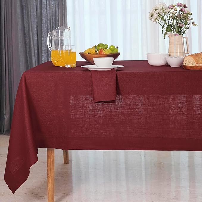 D'Moksha Homes Linen Tablecloth for Rectangle Tables 60 x 132 Inch - 100% Pure Linen Dark Red Table Cloth - Machine Washable Cloth Tablecloth for Valentines, Spring