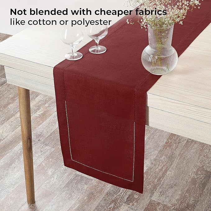 D'Moksha Homes Linen Dark Red Table Runner 90 Inches Long - Classic Hemstitch 100% Pure Linen Dining Table Runner 14 x 90 Inch for Valentines, Spring
