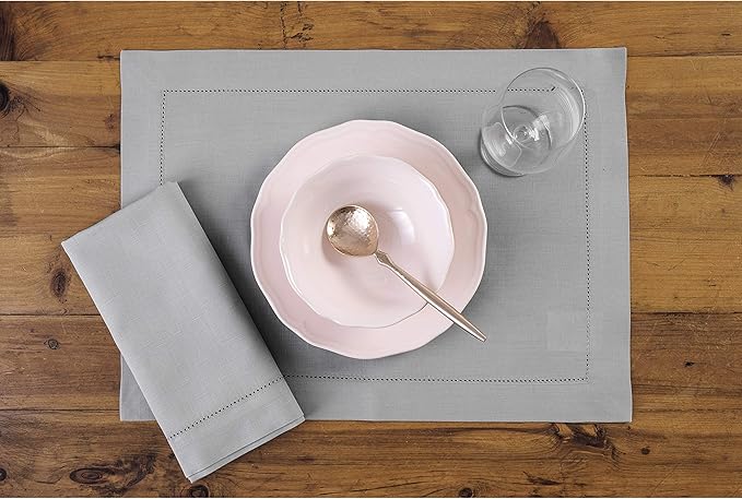 Solino Home Light Grey Napkins Set of 4 - Cotton Linen Hemstitch Dinner Napkins Cloth 20 x 20 Inch for Spring, Easter - Handcrafted and Machine Washable