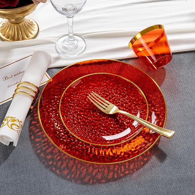 DaYammi 175PCS Clear Red Plastic Dinnerware Set, Hammered Disposable Plates for Valentine's Day Party, Include: 25 Dinner Plates 25 Dessert Plates 75 Gold Silverware 25 Napkins 25 Cups