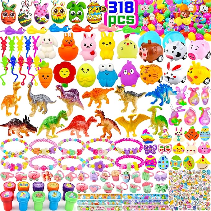 modun 318 pcs Bulk Easter Eggs with Toys inside filled Easter Eggs Easter Basket Stuffers Easter Egg Hunt Easter Party Favors Easter Egg Fillers for Kids Toddlers Boys Girls 100 pack