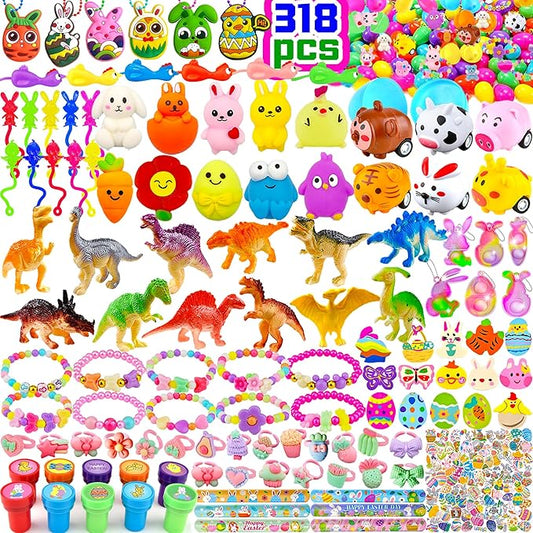 modun 318 pcs Bulk Easter Eggs with Toys inside filled Easter Eggs Easter Basket Stuffers Easter Egg Hunt Easter Party Favors Easter Egg Fillers for Kids Toddlers Boys Girls 100 pack