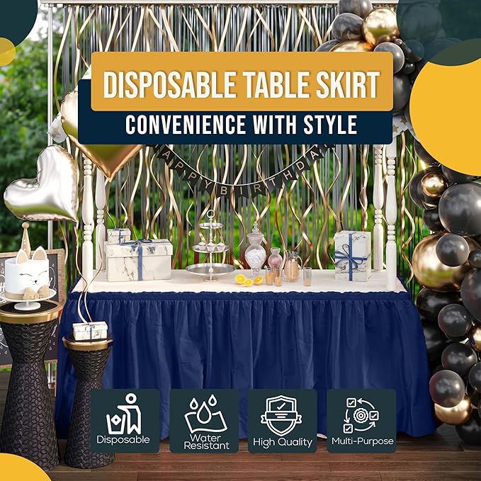 Exquisite Navy Table Skirt 48 Pack 29" X 14 Ft Long Black Table Skirts for Rectangle Tables 6ft Plus or Round Tables - Ruffle Table Skirt with Adhesive Strip - Gender Reveal Decor & Party