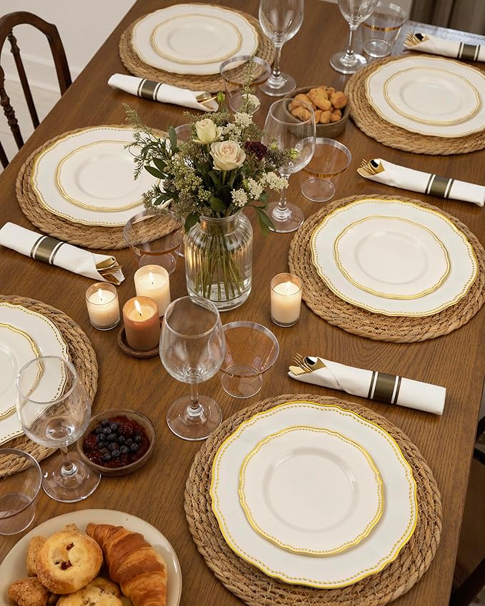 Hioasis 350pcs Ivory Gold Plastic Plates - Gold Plastic Dinnerware Set Includes 50 Dinner Plates, 50 Dessert Dinnerware, 50 Cups, 50 Napkins Perfect for Wedding & Party