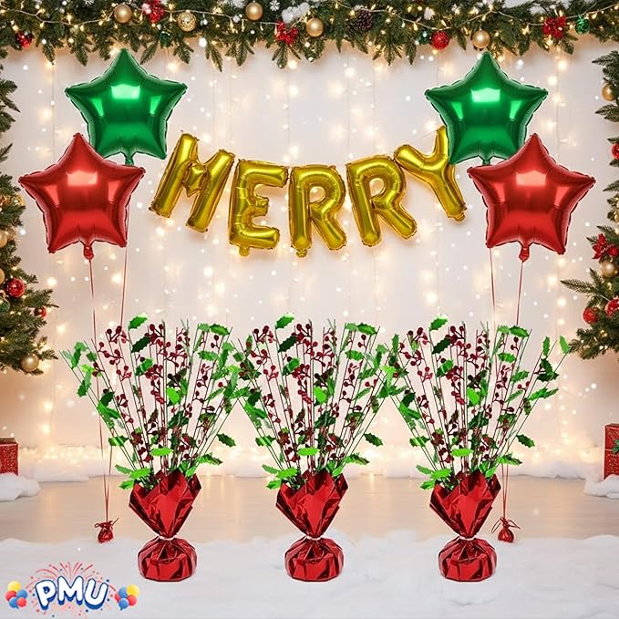 PMU 12Pc Christmas Bursting Holly Berry Centerpiece For Table Decor, Table Balloon Weights for Theme Party Decorations Supplies Red & Green |15in