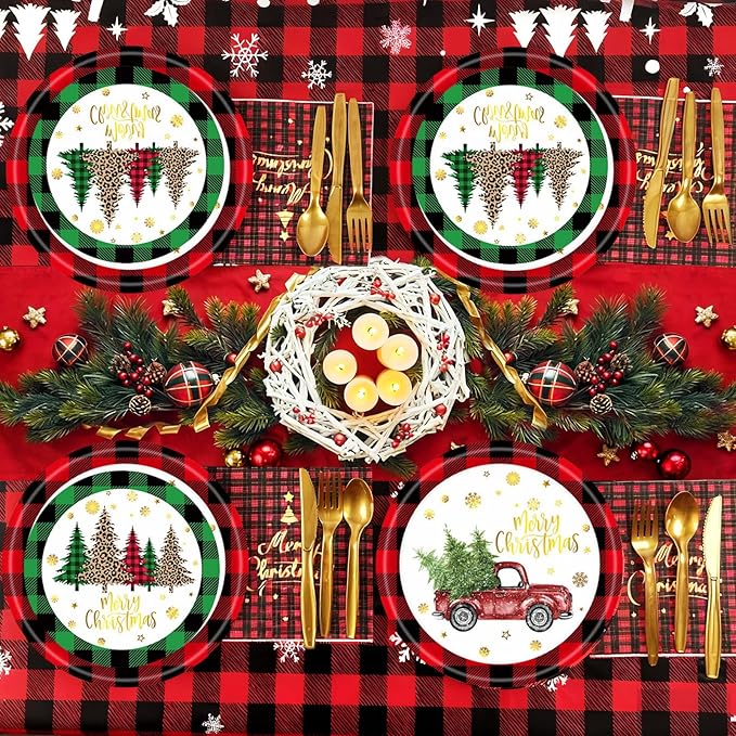 194 Pcs Christmas Paper Plates & Napkins Sets,Christmas Dinnerware/Tableware Disposable Sets Including Cups Straws Plastic Cutlery Banner Tablecloth for Xmas Party Supplies,Serves 24 Guests