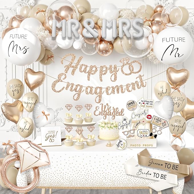 261 Pc Premium Engagement Party Decorations Kit – Elegant Mr. & Mrs. Wedding Balloons, Happy Engagement Banner, Diamond Ring White Gold Balloons, Cupcake Toppers – Classy Bride To Be Decor