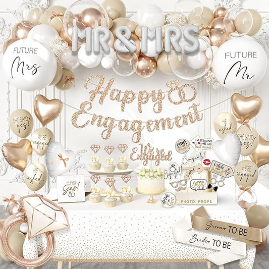 261 Pc Premium Engagement Party Decorations Kit – Elegant Mr. & Mrs. Wedding Balloons, Happy Engagement Banner, Diamond Ring White Gold Balloons, Cupcake Toppers – Classy Bride To Be Decor