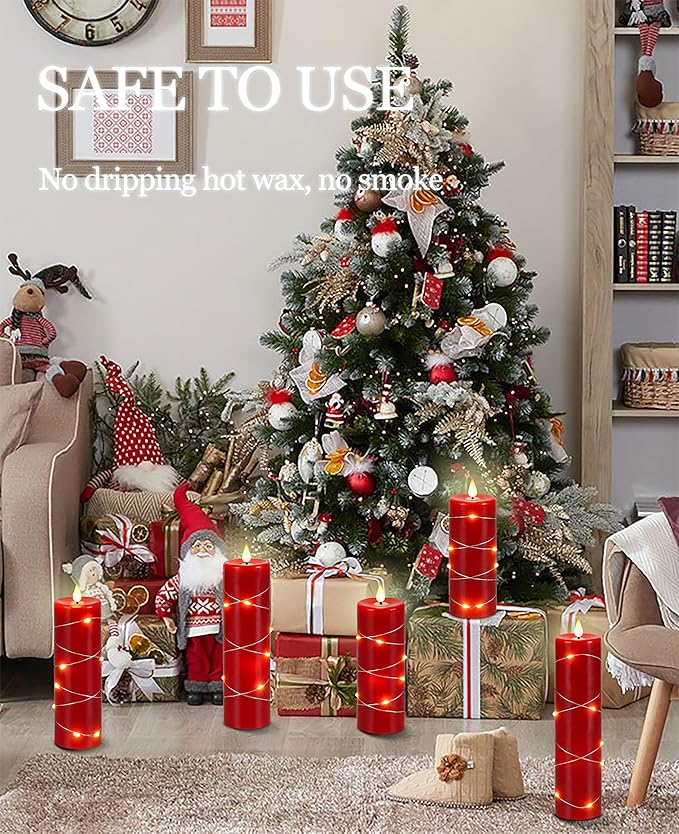 Red Flameless Candle Fairy String Light, Water Drop Flame, Advanced LED Flame Simulation with Remote and Timed Candles, 5-Cell Battery Powered，Christmas Candle