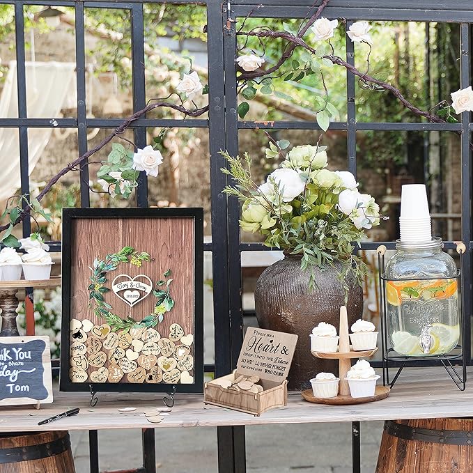 Y&K Homish Wedding Guest Book Alternative, Rustic Wedding Decorations for Reception, Favors for Guests 80 Hearts Green Wreath (Black)