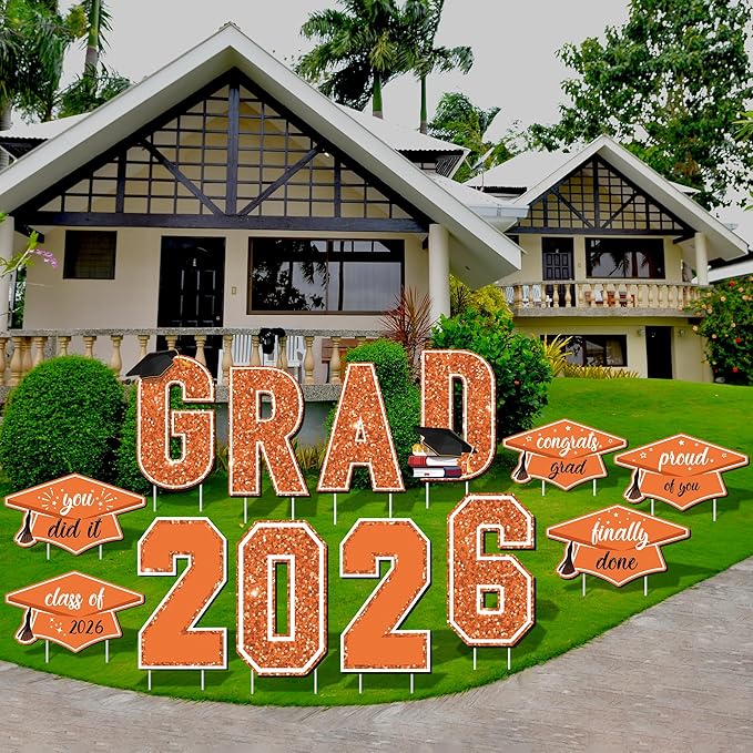 Aneco Waterproof 2026 Grad Yard Signs Plastic Graduation Yard Signs Party Outdoor Lawn Decorations 16 Inches Glitter Congrats Grad Lawn Sign with Stakes for Outdoor Party Garden Decor (Orange)