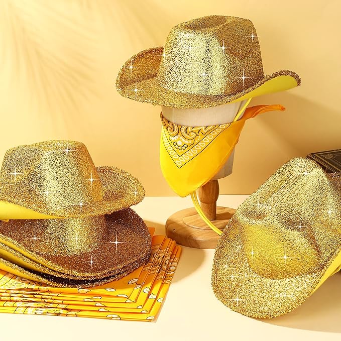 Coume 12 Pcs Sparkly Adults Cowboy Hat and Bandanas Women Men Western Glitter Cowgirl Party Hats with Adjustable Drawstring