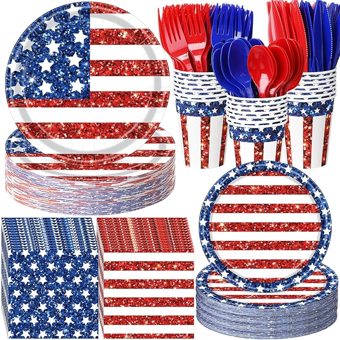 400 Pcs American Flag Patriotic Party Supplies Red White Blue Disposable Paper Plates Napkins and Cups Veterans Election Tableware for Independence 4th of July Labor Memorial Day(Glitter)