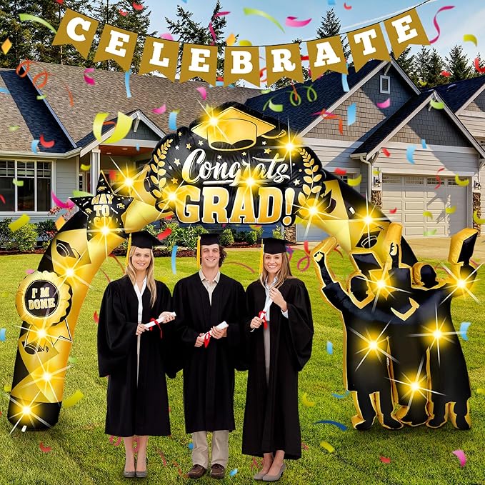 Vihose 7 Ft Tall Graduation Blow Up Arch Decorations Congrats Grad Inflatables Jumbo Black Gold Decorations Cap Gown Diploma LED Lights for Preschool High School College Prom Party Decor