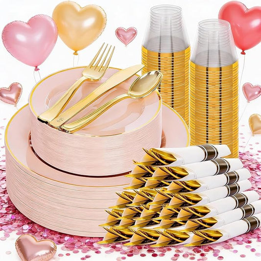 SUT 175 Pcs Pink and Gold Plastic Dinnerware Set for 25 Guests, Include: 25 Dinner Plates, 25 Dessert Plates, 25 Pre Rolled Napkins With Silverware, 25 Cups, Disposable Plates for Baby Shower, Party