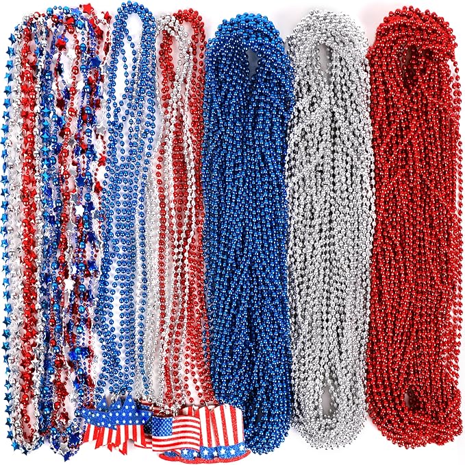 Moon Boat 120PCS 4th of July Accessories Necklaces: Blue White and Red Beads Bulk, Patriotic Party Independence Memorial Day Favors Toys Decorations