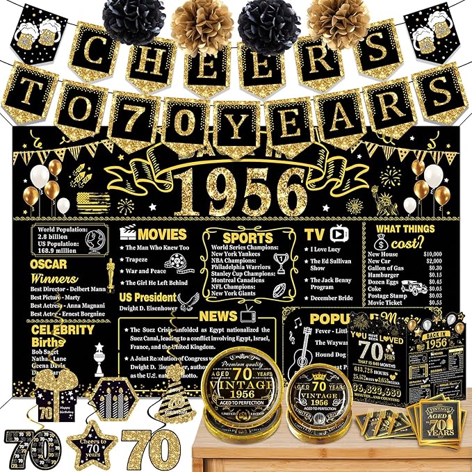 70th Birthday Decorations for Men Women, 103 PCS Back in 1956 Decorations, Vintage 70th Birthday Party Tableware Set for men,Backdrops,Card, Banner, Paper Poms,Hanging Swirl, Tableware for 24 Guests