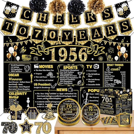 70th Birthday Decorations for Men Women, 103 PCS Back in 1956 Decorations, Vintage 70th Birthday Party Tableware Set for men,Backdrops,Card, Banner, Paper Poms,Hanging Swirl, Tableware for 24 Guests