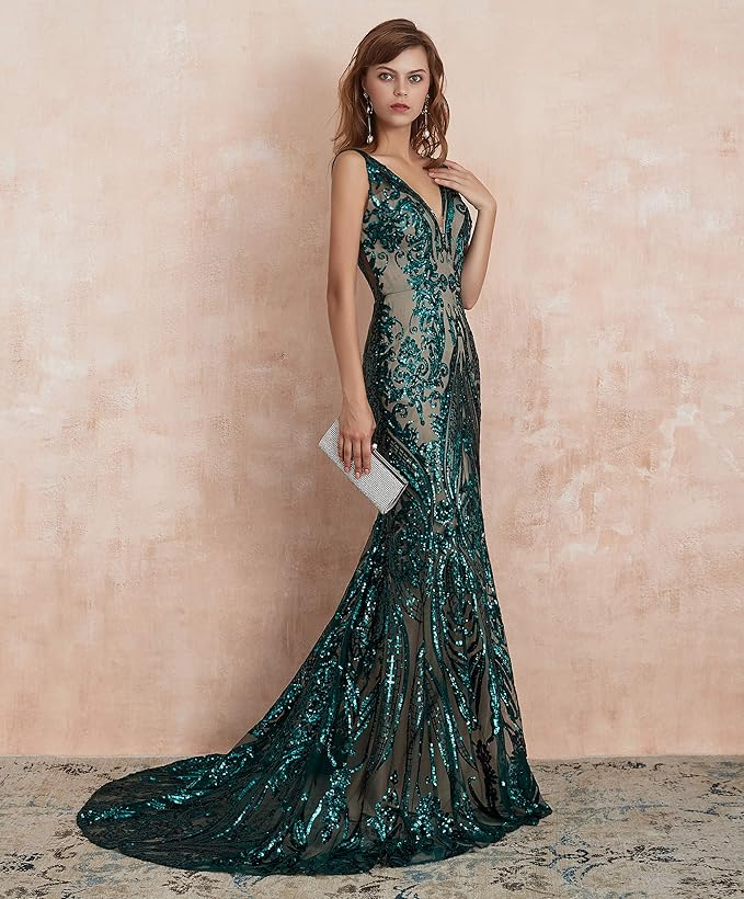 Women's Double V-Neck Sequins Lace-up Mermaid Evening Dress