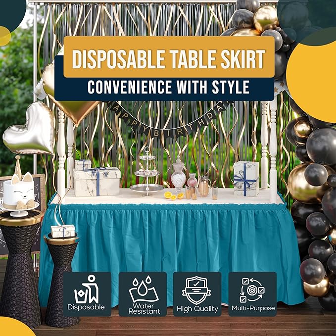 Ruffle Table Skirt Turquoise 48 Pack 14 Ft Long Table Skirts for Rectangle Tables 6ft Plus or Round Tables Skirts with Adhesive Strip for Gender Reveal Decor & Happy Birthday Parties by Exquisite